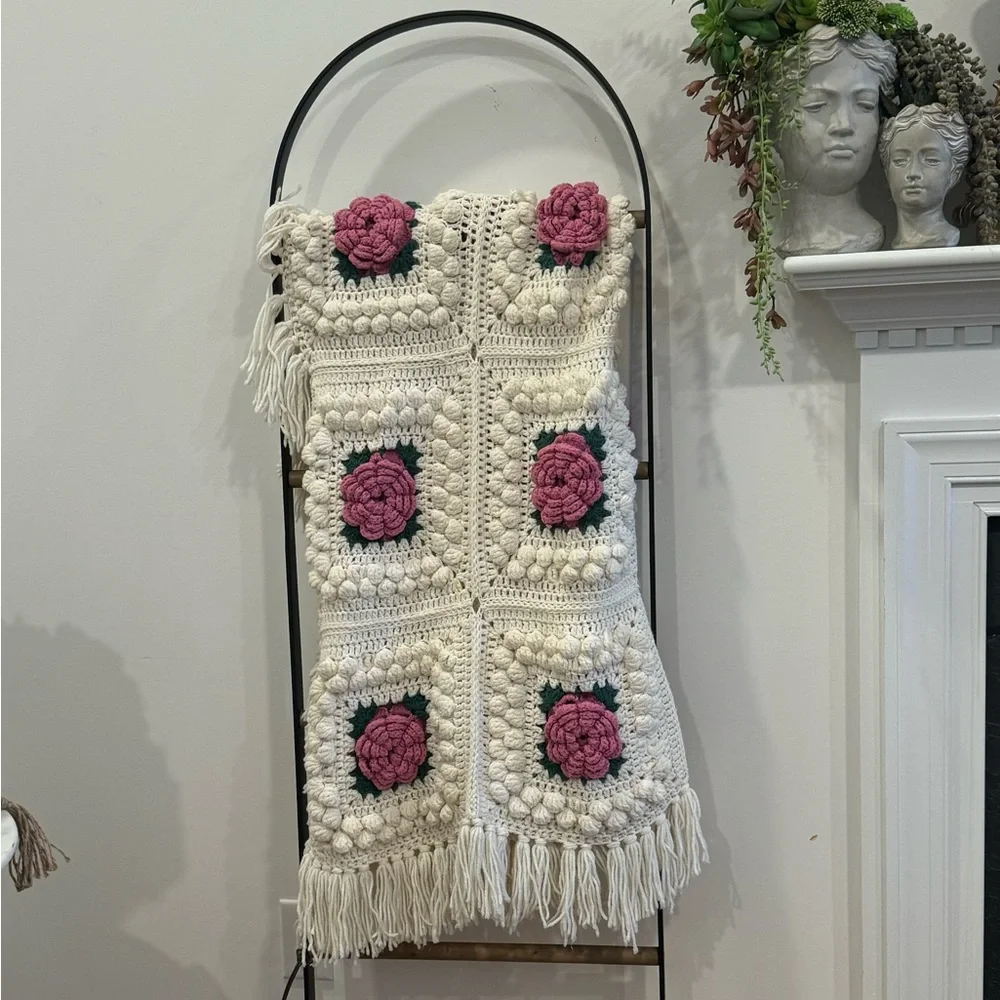 Cream and Rose Popcorn Granny Handmade Crocheted Afghan